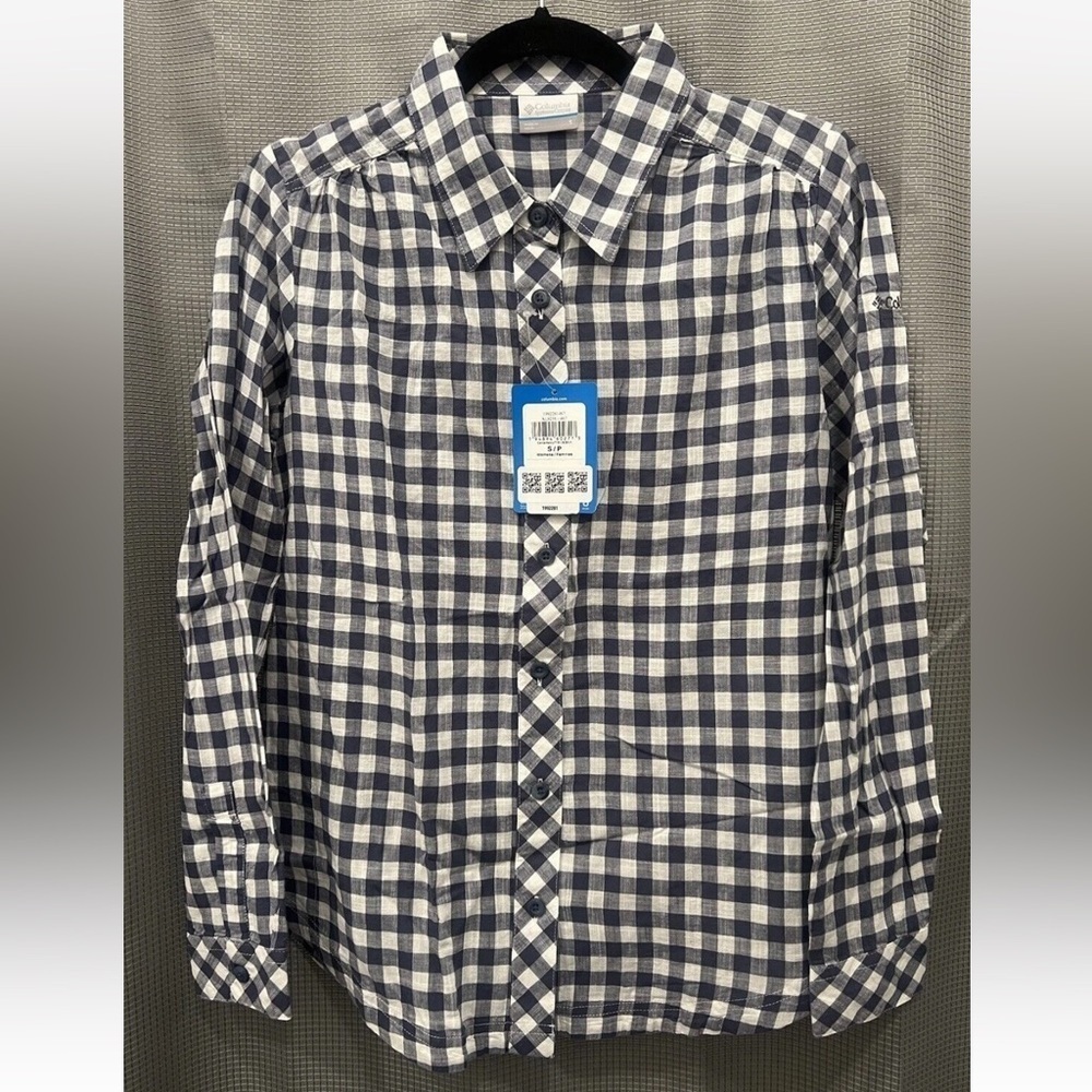 NEW Columbia Camp Henry Top Women’s SMALL cotton Button Up Blue White Plaid - Picture 3 of 7